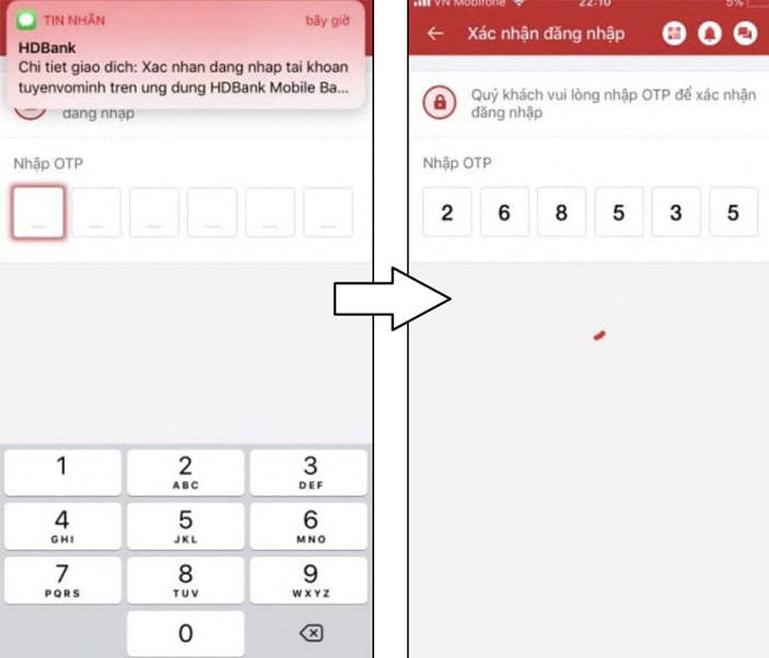 Cách đăng nhập app HDBank trên thiết bị mới > Nhập mã OTP